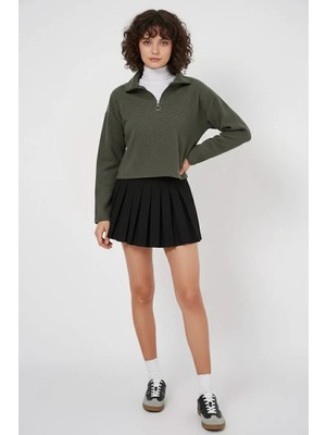 Kadın Klasik Yaka Düğmeli Pamuklu Haki Sweatshirt