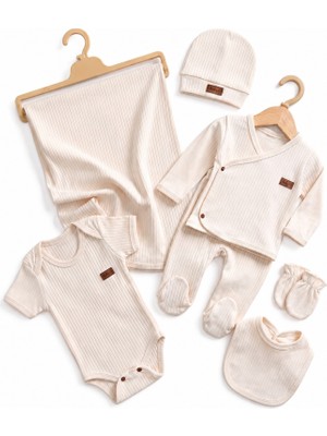 Lilliy %100 Organik Pamuklu 7'li Yenidoğan Bebek Hastane Çıkış Seti – Uzun Kollu Üst, Patikli Pantolon, Kısa Kollu Zıbın, Battaniye, Şapka, Eldiven ve Önlük Seti – Ekru