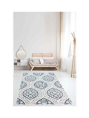 Nacario Pelangi Etnik Desen Yıkanabilir Kaymaz Taban Leke Tutmaz Salon Halısı, Mavi-Beyaz 100 x 6