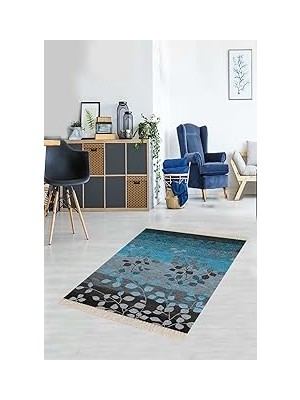 Nacario Pelangi Mavi Yaprak Desenli Dijital Baskı Kaymaz Taban Yıkanabilir Klasik Salon Halı, Mav