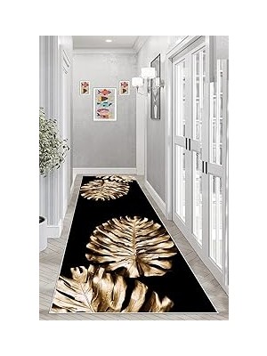 Nacario Pelangi Gold Yaprak Desenli Dijital Baskı Yıkanabilir Kaymaz Taban Salon Halısı ve Yollu
