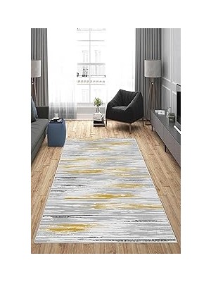 Nacario Pelangi Gri Desenli Hardal Detaylı Yıkanabilir Kaymaz Taban Leke Tutmaz Modern Salon Halı