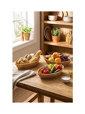 Nacario Buffer® Kayık Formlu Plastik Rattan Sepet Seti, Hasır Görünümlü, Ekmek Meyve Sunum Se