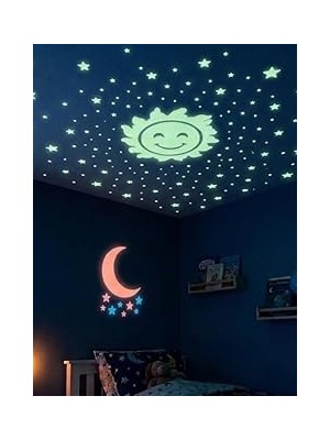 Nacario Güneş Ay Figürlü Renkli Yıldızlı Fosforlu Duvar Süsü Gece Parlayan