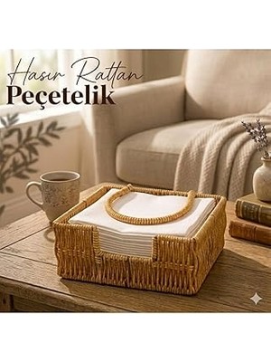 Nacario Duffa Boho Rattan Peçetelik - Rüzgarlık Kollu Yatay Peçete Kutusu, Bahçe, Balkon ve Mut