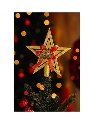 Nacario Yılbaşı Ağacı Yıldızı Gold Kırmızı Kurdelalı Merry Christmas Yazılı Yılbaşı