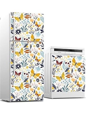 Nacario Buzdolabı ve Bulaşık Makinası Beyaz Eşya Sticker Kaplama Çiçek Sarı Kelebek
