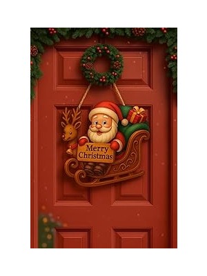Nacario Noel Babalı Kızaklı Hediye Paketli Yılbaşı Geyikli Kapı Süsü Ahşap Noel Kapı Süs