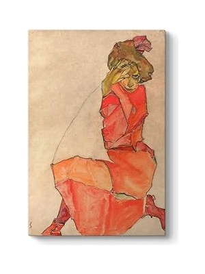 Nacario Egon Schiele - Kneeling Female In Orange-Red Dress Tablosu 70 x 100