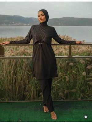 Tesmay 3057 Siyah  Spor Lycra Tam Boy Tasarım Tesettür Mayo