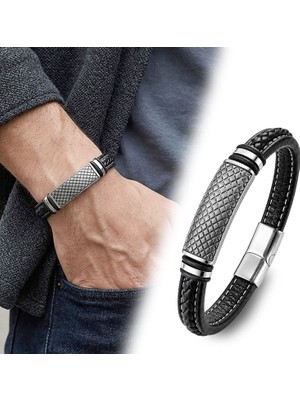 Kuşkaya Ticaret Diamond Grid Desenli Çelik Kilitli Siyah Deri Erkek Bileklik - 21 cm