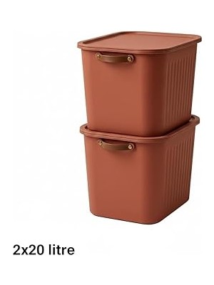 Nacario 2 Adet Modern Kapaklı 20 Litre Saklama Kutu Seti -Özel Kulplu– Turuncu -Taşınabilir Ku