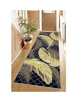 Nacario Pelangi Kuş Tüyü Desenli Gold Geometrik Dijital Baskı Yıkanabilir Modern Salon Halı ve