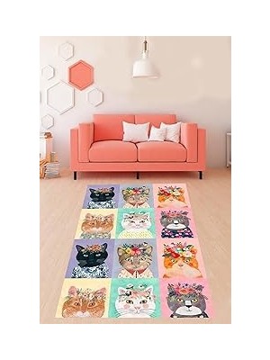 Nacario Pelangi Kedili Halı Kedi Desenli Dijital Baskı Yıkanabilir Kaymaz Taban Modern Salon Hal�