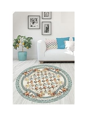 Nacario Pelangi Çiçek Desenli Patchwork Dijital Baskı Yıkanabilir Kaymaz Taban Yuvarlak Salon ve