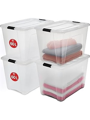 Nacario Iris Ohyama Kapaklı Saklama Kutuları, 60L, 4'lü Set, Şeffaf, Güvenli Tokalar, Istiflen
