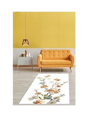 Nacario Pelangi Bohem Çiçekler Yıkanabilir Kaymaz Taban Leke Tutmaz Salon Halısı, Beyaz-Turuncu
