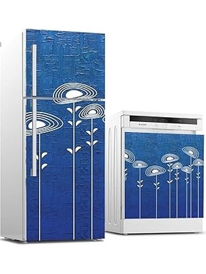 Nacario Buzdolabı ve Bulaşık Makinası Beyaz Eşya Sticker Kaplama Mavi Beyaz Çiçekler
