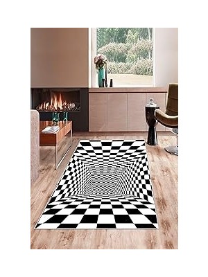 Nacario Pelangi Siyah Beyaz Dama Desenli 3D Yıkanabilir Kaymaz Taban Leke Tutmaz Modern Salon Halı