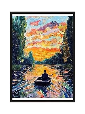 Nacario Zestia Siyah Çerçeveli Tablo, Kano ve Gün Batımı, Renkli Nehir Manzarası Poster No: 10