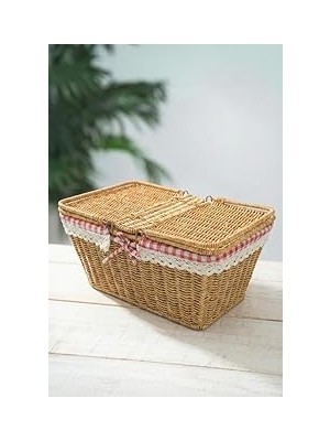 Nacario Digithome Kapaklı Rattan Vintage Dantelli Dikdörtgen Piknik Sepeti -9T14 U/6