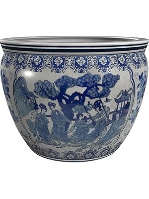 Nacario Oriental Furniture 30,48 cm Bayan Mavi ve Beyaz Porselen Balık Kasesi