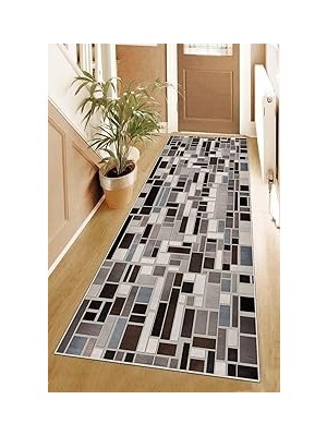 Nacario Pelangi Geometrik Kare Blok Desenli Dijital Baskı Yıkanabilir Kaymaz Taban Etnik Kilim Des