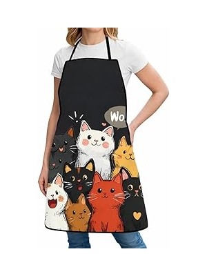 Nacario Valkyrie Kedi Desenli Mutfak Önlüğü Cepli Ayarlanabilir Askılı Unisex Mutfak Temizlik