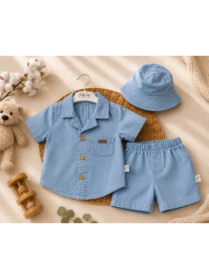 Omeca Concept Erkek Bebek Şapkalı Denim Gömlek Şort Takımı