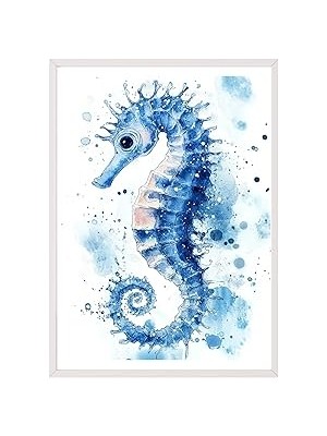 Nacario Zestia Beyaz Çerçeveli Tablo, Denizatı, Su Renkleriyle Çizilmiş, Mavi Tonlar Poster No: