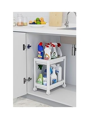 Nacario 2 Katlı Tekerlekli Düzenleyici Raf, Banyo Dolabı, Mutfak Tezgah ve Evye Altı