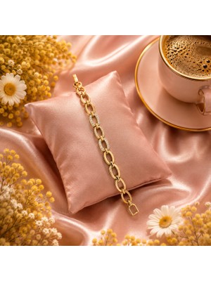 Jammy Jewerly Gold Taş Detaylı Oval Halka Çelik Bileklik – Modern ve Zarif Tasarım