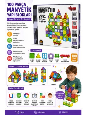 100 Parça Manyetik Yapı Blokları Seti – Eğitici Stem Oyuncak – 3D Manyetik Inşa ve Tasarım Oyunu 3+ Yaş