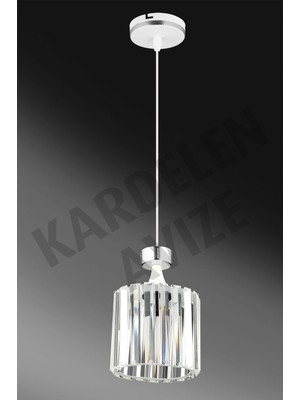 Empressco Şık Beyaz Tekli Sarkıt Kristal Taşlı Krom Şeritli Lüks Avize