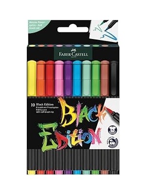 Nacario Faber-Castell Black Edition Keçeli Kalem Fırça Uç 10’lu, Parlak Renkler, Yazım ve Boy