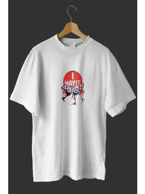 Civetta 1 Mayıs Emek ve Dayanışma Günü Baskılı Oversize Bisiklet Yaka T-Shirt - Beyaz