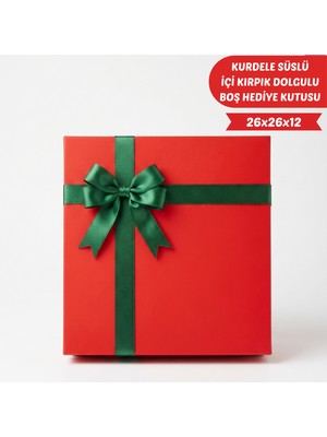 Meg Tasarım Dünyası Lüks Kırmızı Renk Hediye Kutusu - Sevgiliye ve Doğum Gününe, Evlilik Yıldönümüne Özel Yeşil Kurdeleli, Içi Dolgulu Boş Kutu (26X26X12 Cm)