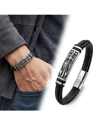 Fm 💎 Premium Fleur De Lis Motifli Çelik Kilitli Siyah Deri Erkek Bileklik 31831B8D1