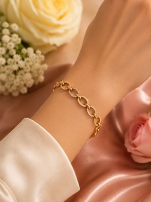 Jammy Jewerly Gold Taş Detaylı Halka Zincir Çelik Bileklik – Modern ve Zarif Tasarım