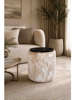 Muba Online Premium Dokuma Kumaş Puf Sehpa 40X46 cm | Modern Yuvarlak Oturma Pufu | Dekoratif