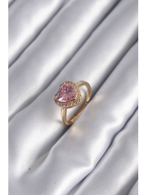 Clariss Pirinç Gold Renk Pembe Zirkon Taş Kalp Charm Model Kadın Yüzük