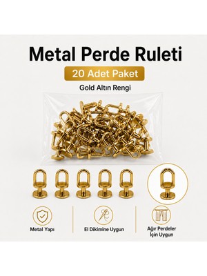 Overdal Metal Perde Ruleti Korniş Halkası Metal Rulet Perde Düğmesi 20 Adet Gold Altın Rengi Ekonomik Paket