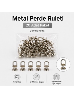 Overdal Metal Perde Ruleti Korniş Halkası Metal Rulet Perde Düğmesi 20 Adet Gümüş Rengi Ekonomik Paket