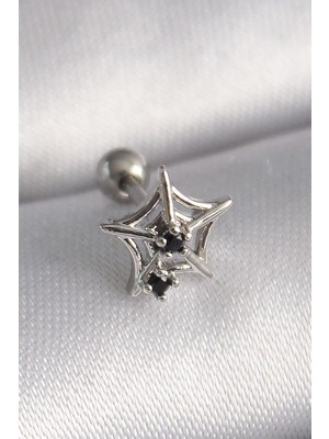 Clariss 316L Çelik Gümüş Renk Siyah Zirkon Taş Detay Örümcek Ağ Model Tragus Piercing