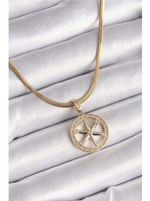Clariss 316L Çelik Gold Renk Italyan Zincir Zirkon Taşlı Kutup Yıldız Model Kadın Kolye