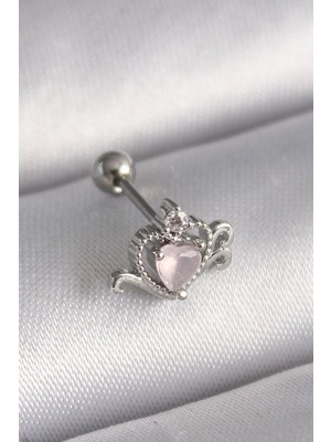 Clariss 316L Çelik Gümüş Renk Pembe Mineli Kalp Zirkon Taş Detay Tragus Piercing