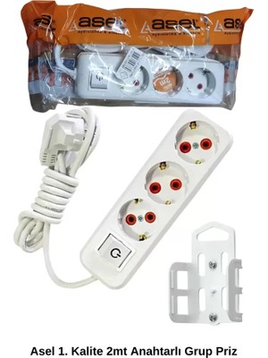MiraLive 2 Metre Askı Aparatlı Anahtarlı 3lü Grup Priz -68134