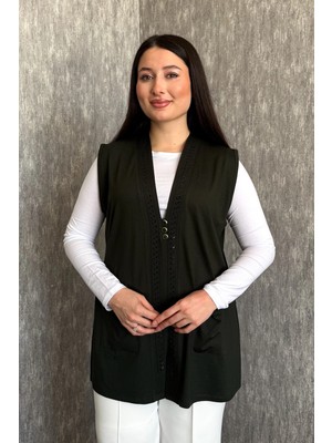 Modaplaza Kadın Büyük Beden 3 Düğme Yakası Taşlı Cepli Kısa Yelek 901-2