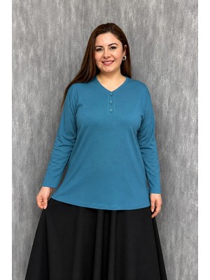 Modaplaza Kadın Büyük Beden Yaka Üç Düğmeli Anne Bluz