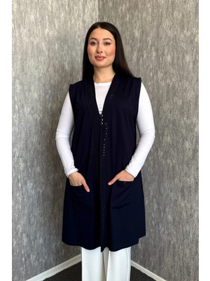 Modaplaza Kadın Büyük Beden Yakası Taşlı Cepli Uzun Yelek 902